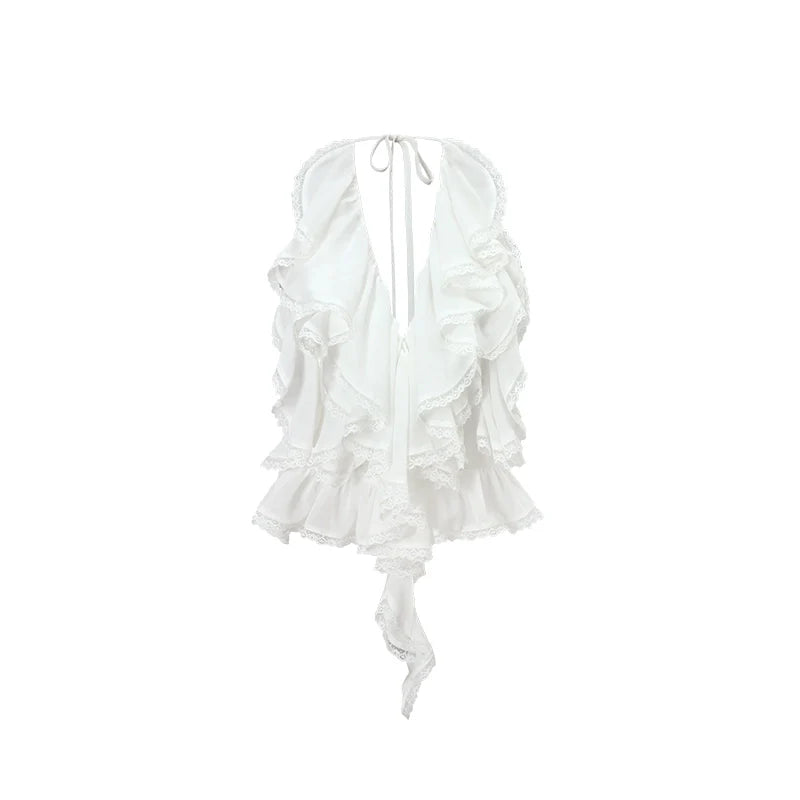 Black & White Ruffled Lace Edges Halter Blouse