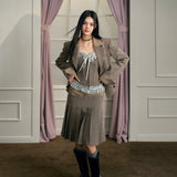 Brown Shawl Collar Jacket & Skirt Set