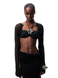 Hollow-Out Knitted Cropped Long-Sleeve Cover-Up