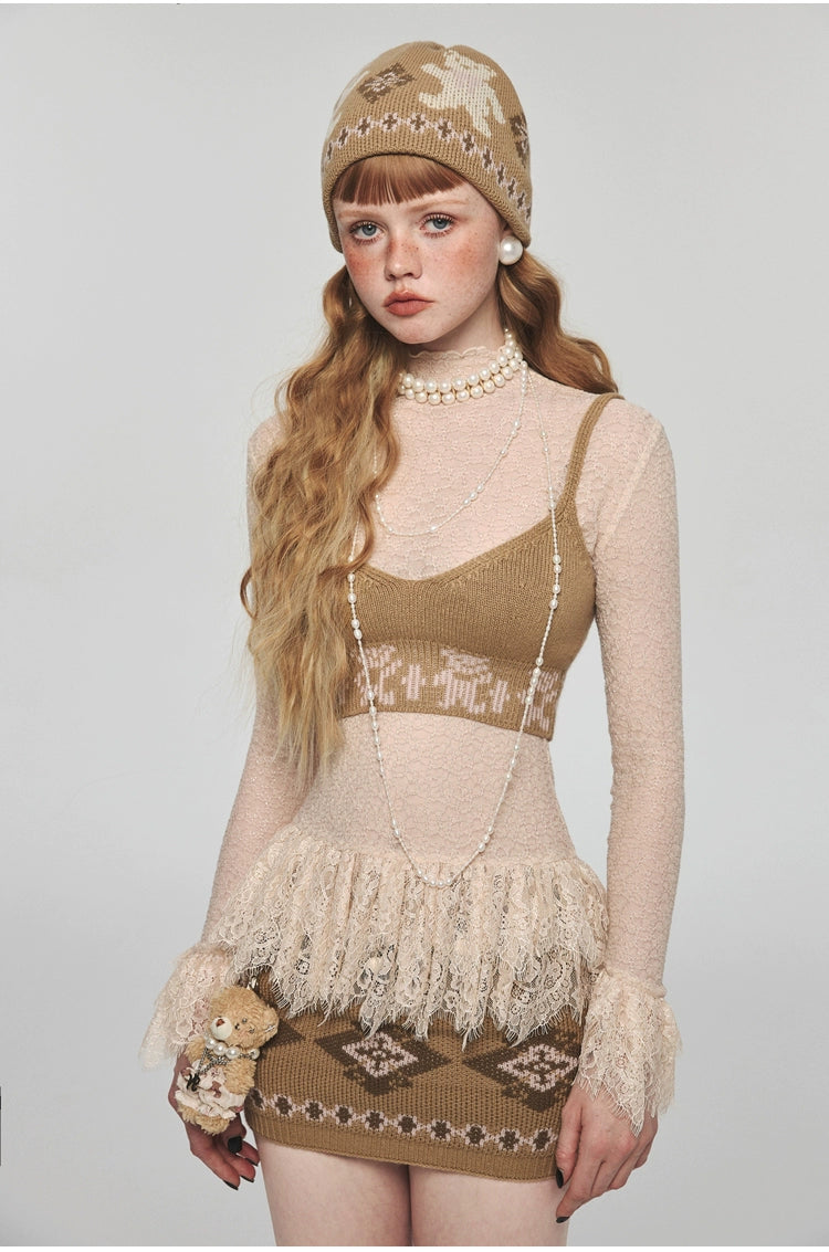 Ruffled Turtleneck Laced Sheer Blouse