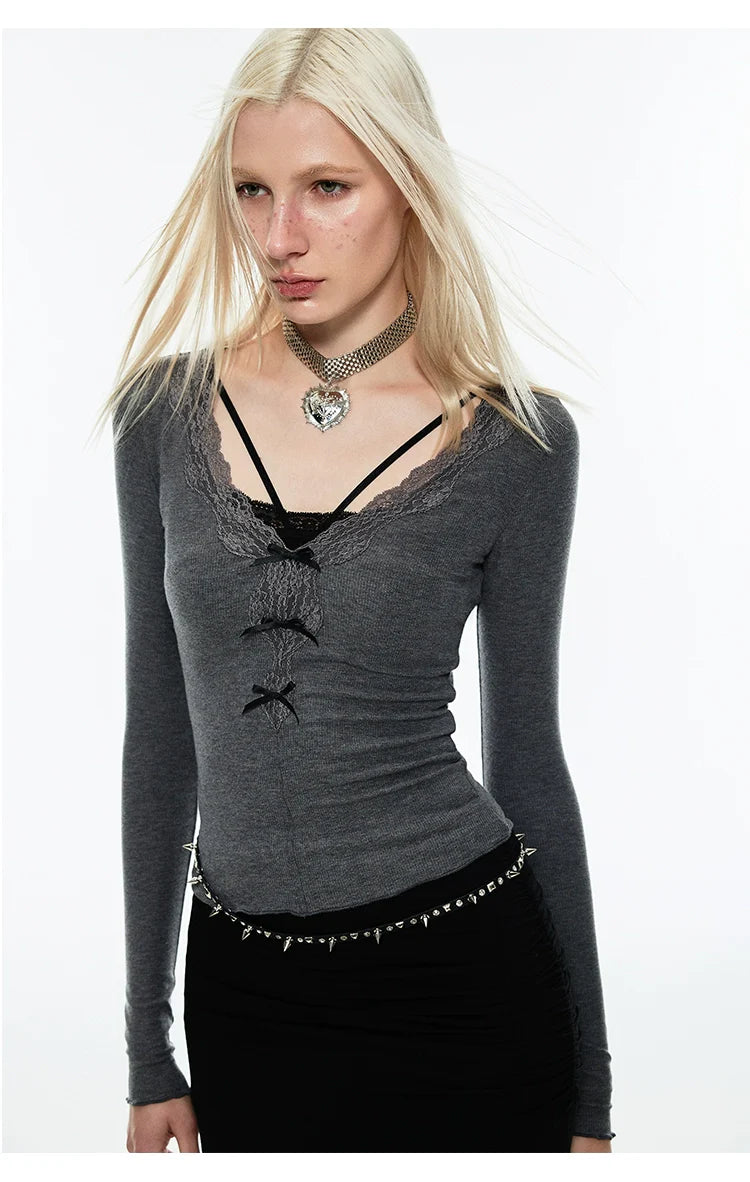 Solid Color Lace-Trimmed V-Neck Blouse