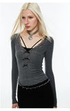 Solid Color Lace-Trimmed V-Neck Blouse
