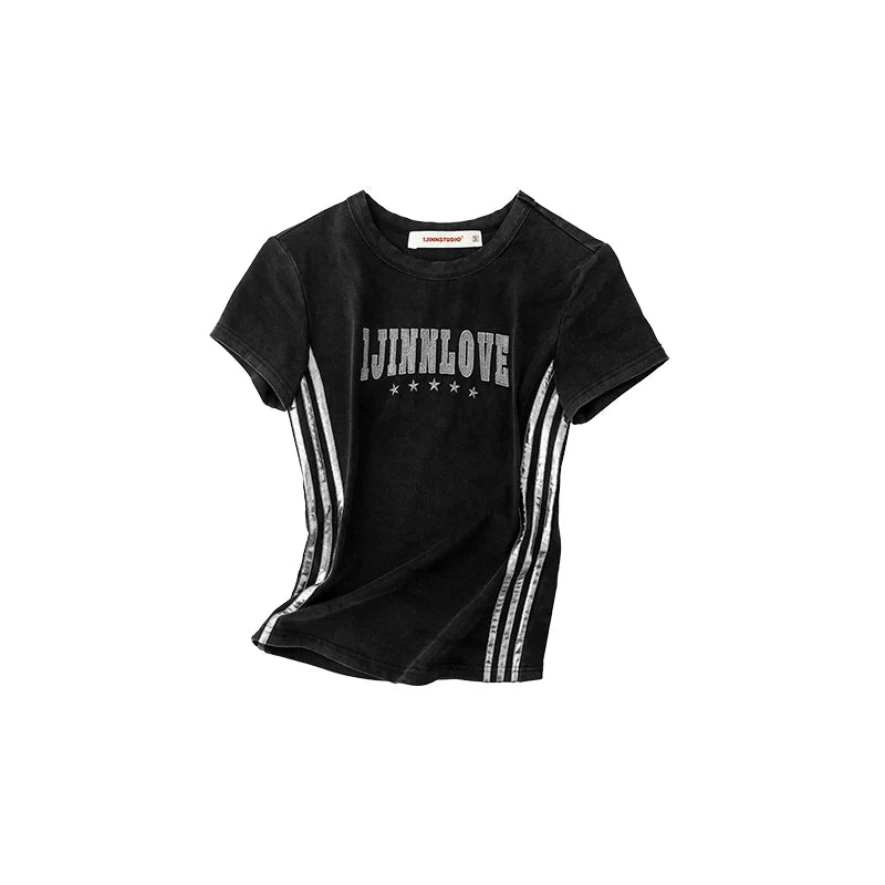 Vintage Washed Patchwork Striped Slim Fit T-Shirt