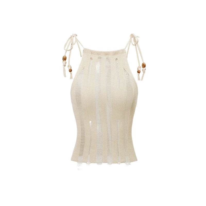 Black & Camel Hollowed-out Knit Strap Tank Top