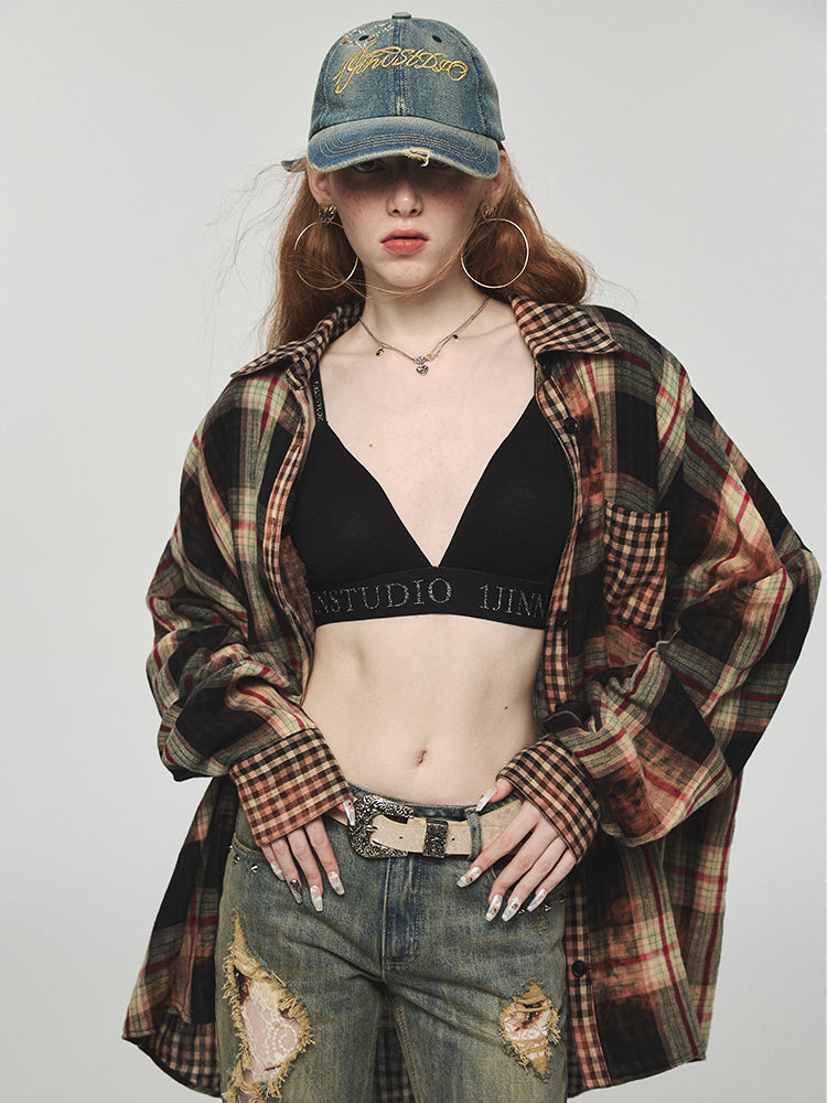 Tie-dye Plaid Shirt & Mini Skirt Set
