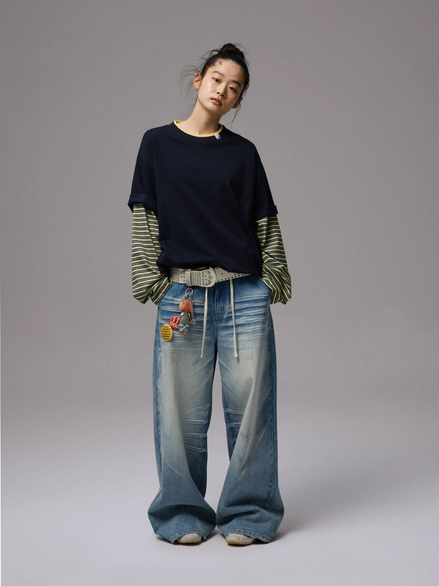 Fake Two-Piece Contrast Color Loose Striped?T-Shirt