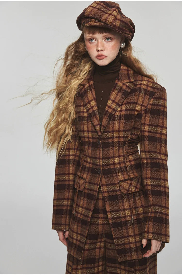 Plaid Slim-fit Waist-tie Blazer