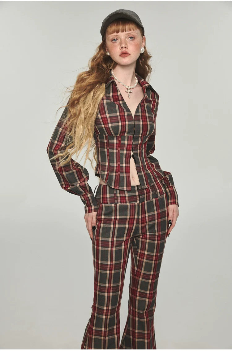 Plaid V-neck Fishbone Shirt