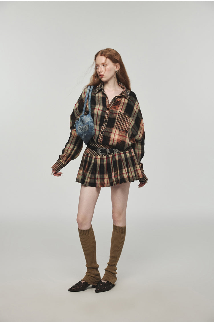 Tie-dye Plaid Shirt & Mini Skirt Set