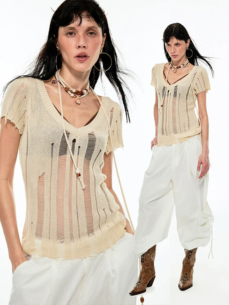 Distressed V-Neck Irregular Cover-Up Blouse