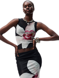 Floral Print Rhinestone Mesh Vest