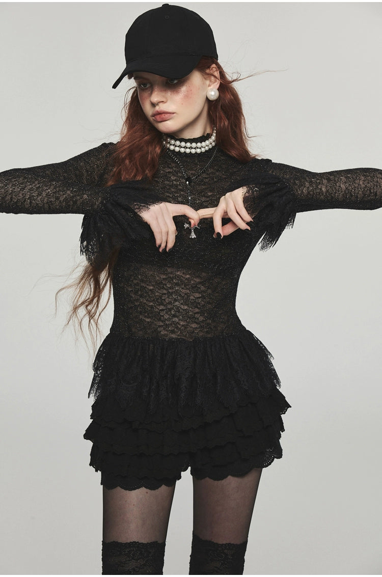 Ruffled Turtleneck Laced Sheer Blouse