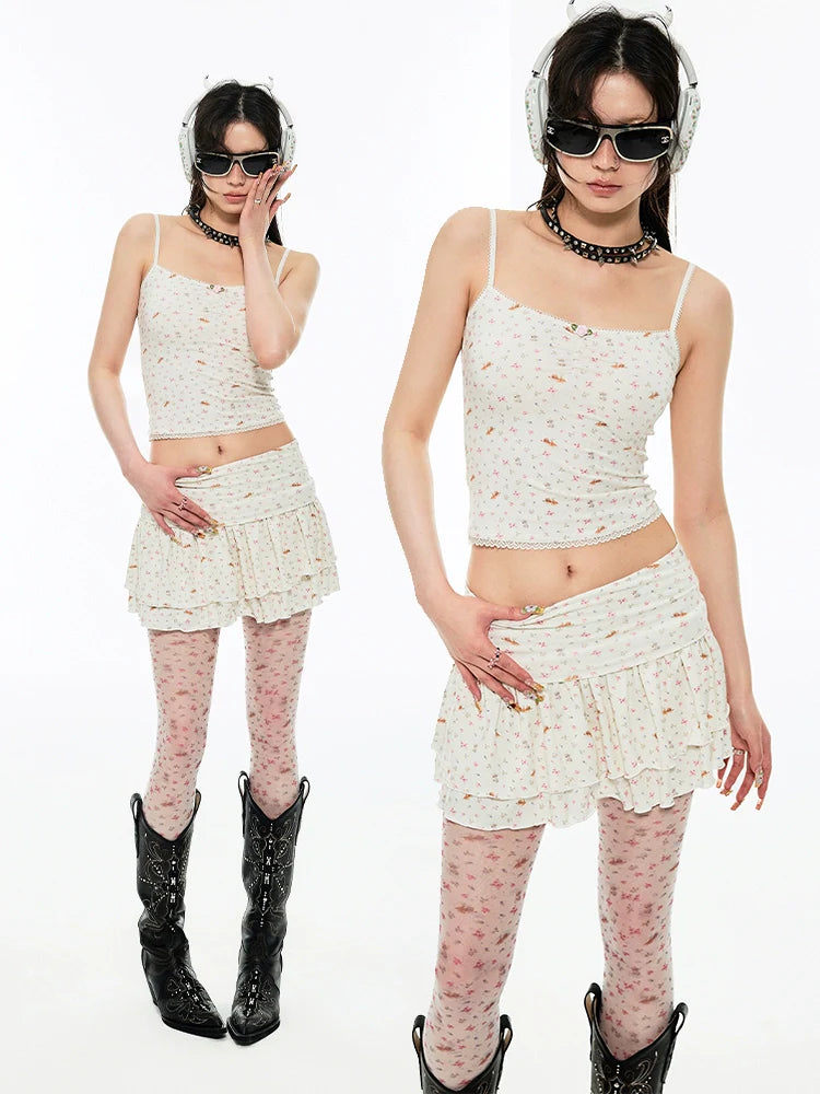 Pleated Lace Waist-cinched Tank Top