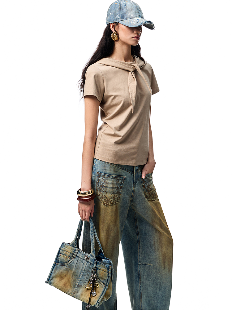 Hooded Bow Solid-Color T-shirt