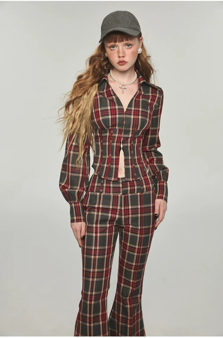 Plaid V-neck Fishbone Shirt