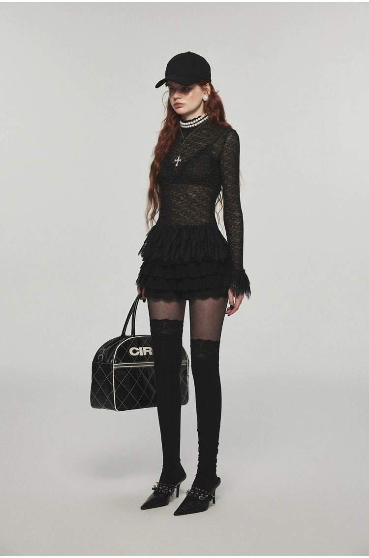 Ruffled Turtleneck Laced Sheer Blouse