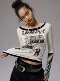 Striped Fake Two-Piece Graffiti Printed T-shirt