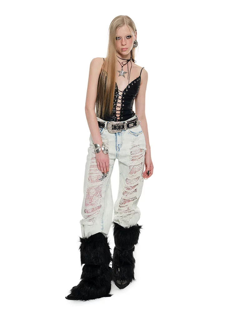 Black & White Hollow-out Lace-up Camisole
