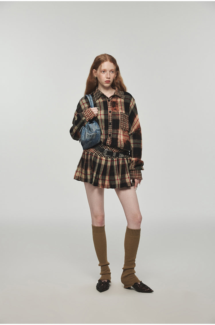 Tie-dye Plaid Shirt & Mini Skirt Set