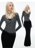 Solid Color Lace-Trimmed V-Neck Blouse