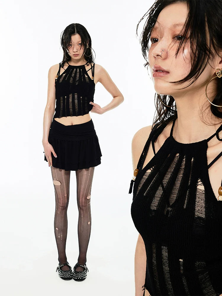 Black & Camel Hollowed-out Knit Strap Tank Top