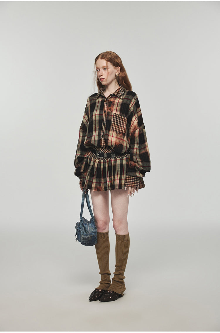 Tie-dye Plaid Shirt & Mini Skirt Set
