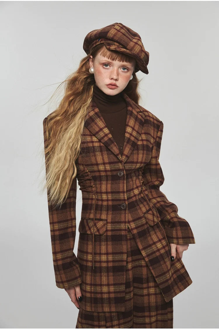 Plaid Slim-fit Waist-tie Blazer