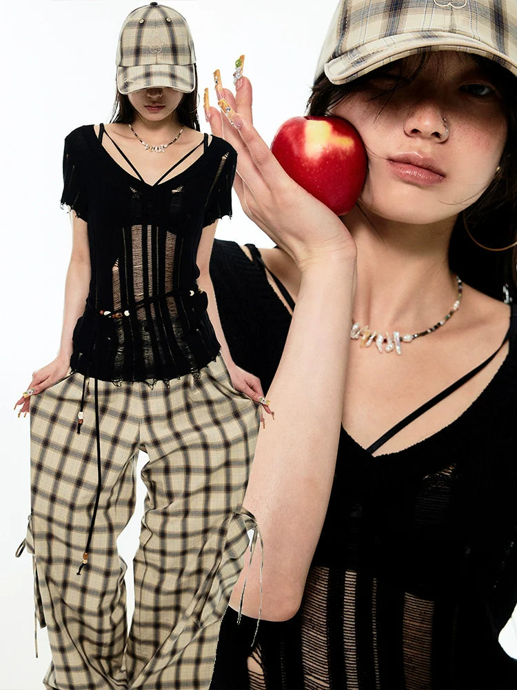 Distressed V-Neck Irregular Cover-Up Blouse