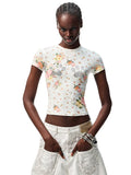 Floral Print Rhinestones Regular-shoulder T-shirt