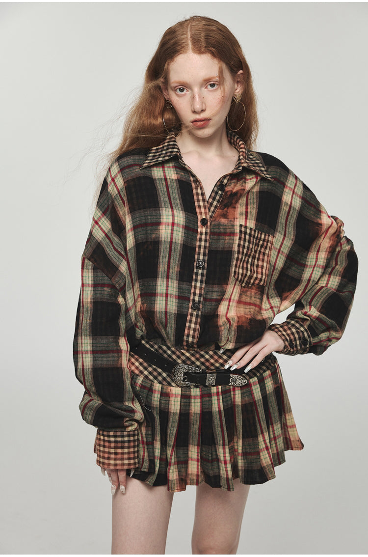 Tie-dye Plaid Shirt & Mini Skirt Set