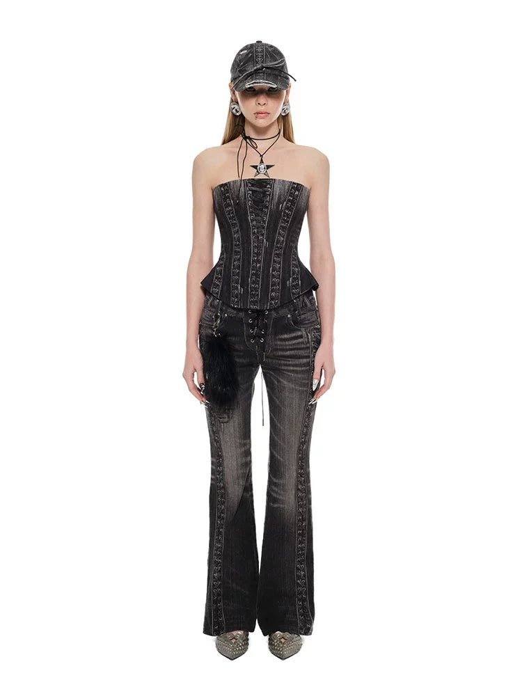 Denim Blue & Black Printed Fishtail Corset
