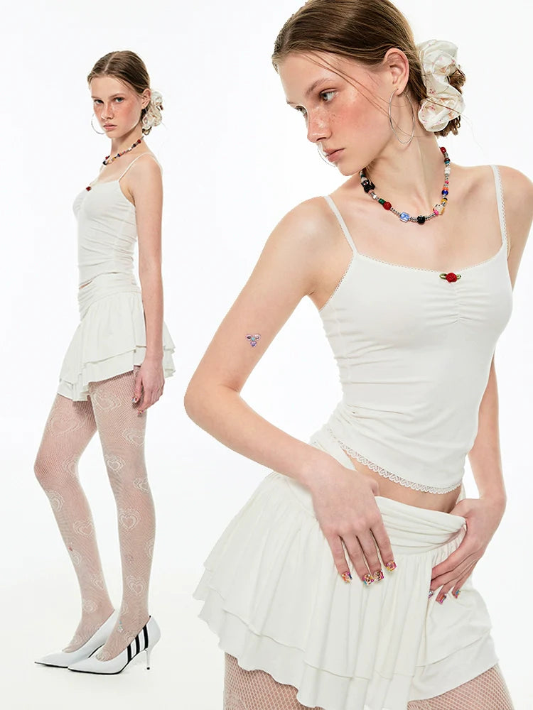 Pleated Lace Waist-cinched Tank Top