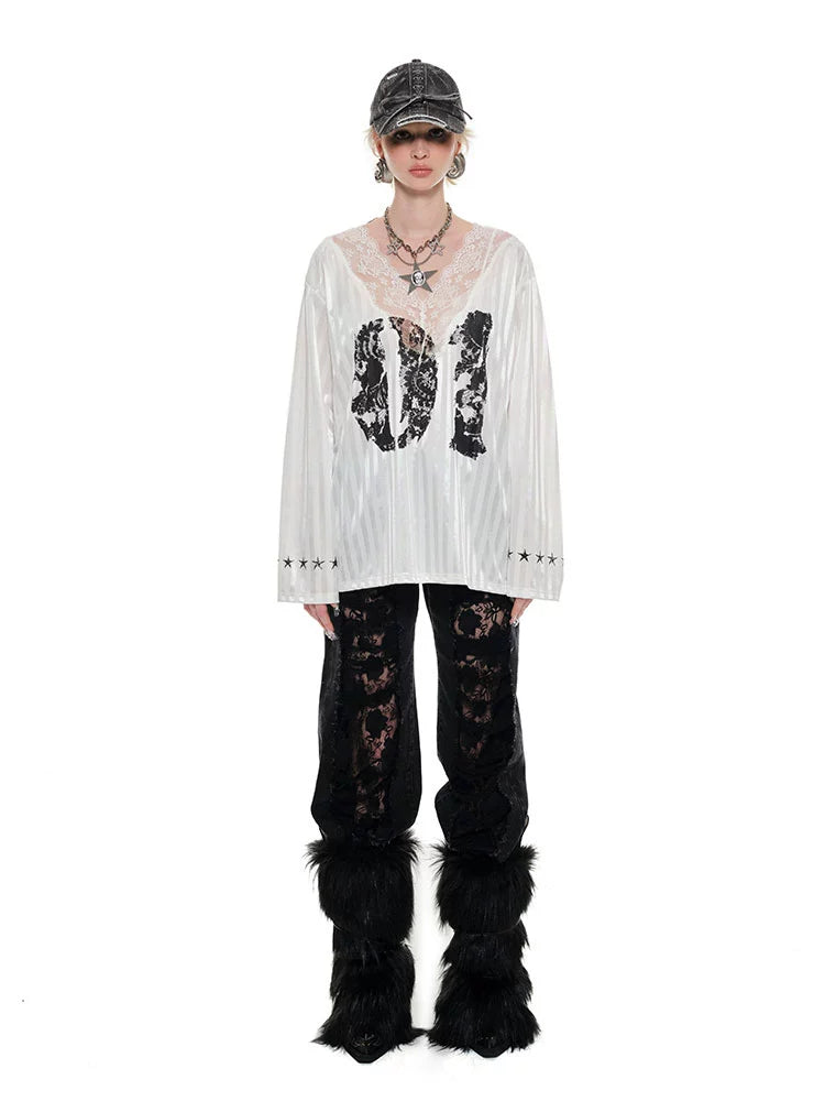 Black & White Lace-trimmed V-neck Satin Jersey