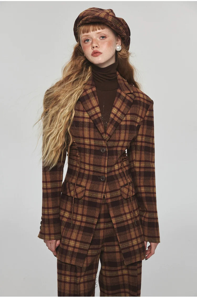 Plaid Slim-fit Waist-tie Blazer