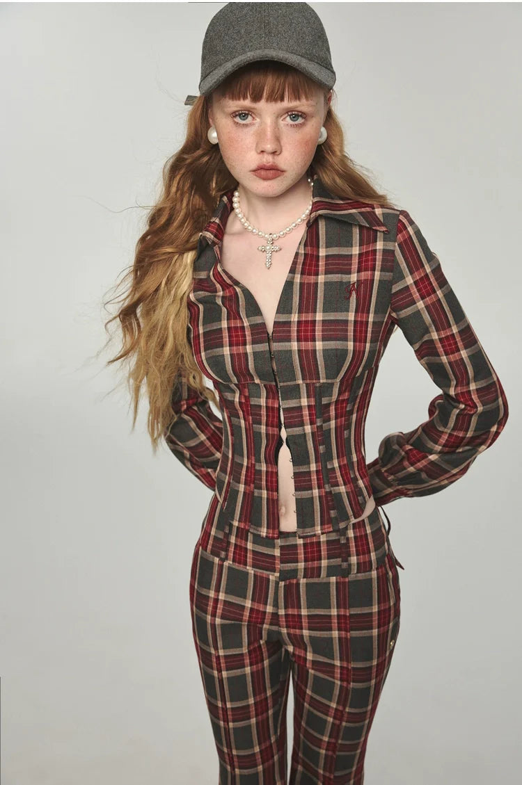Plaid V-neck Fishbone Shirt