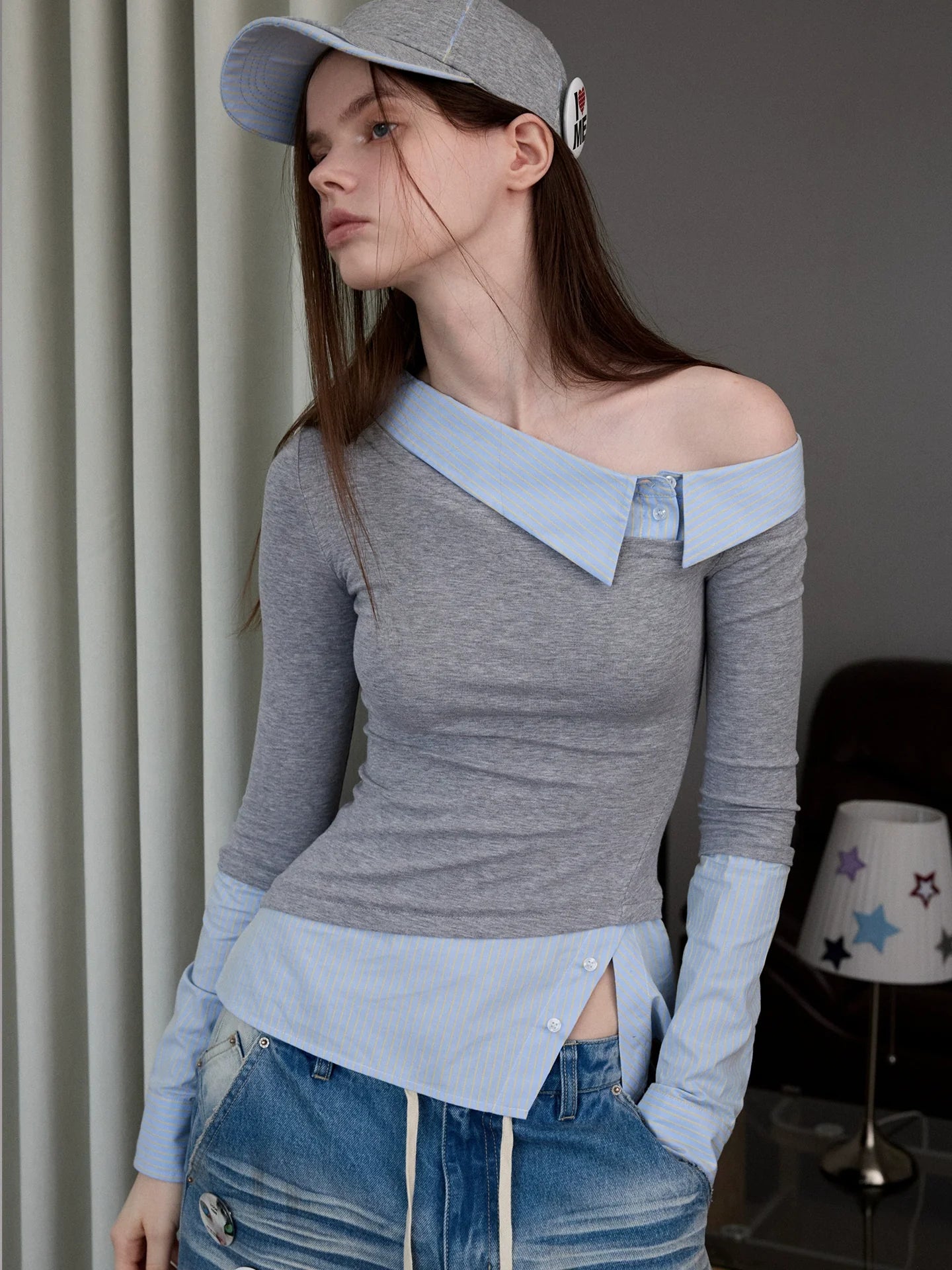 Asymmetric Collar Fake Two-Piece Fitted Blouse