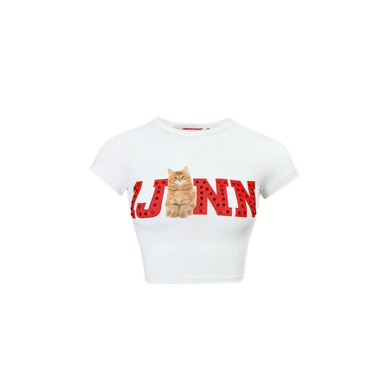Rhinestone Embellished Fitted Fruit Printed Crop Top