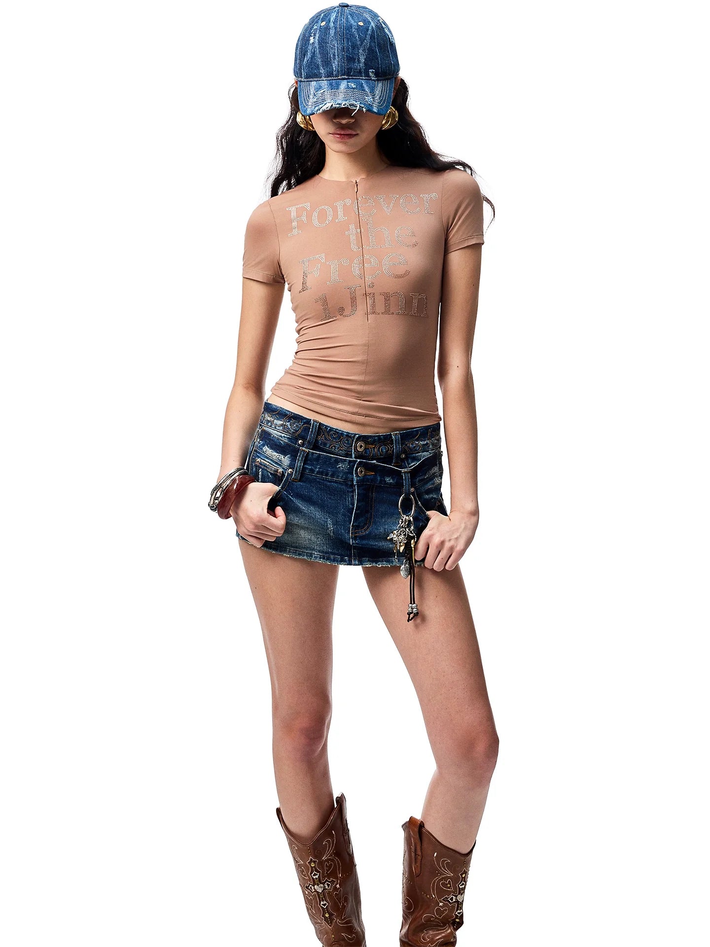Floral Letter V-Neck Hidden Zip Hot-Fix T-Shirt