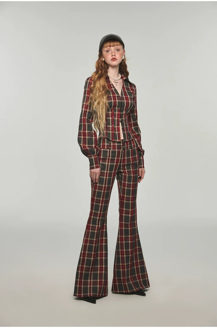 Plaid V-neck Fishbone Shirt