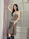 Brown Shawl Collar Jacket & Skirt Set