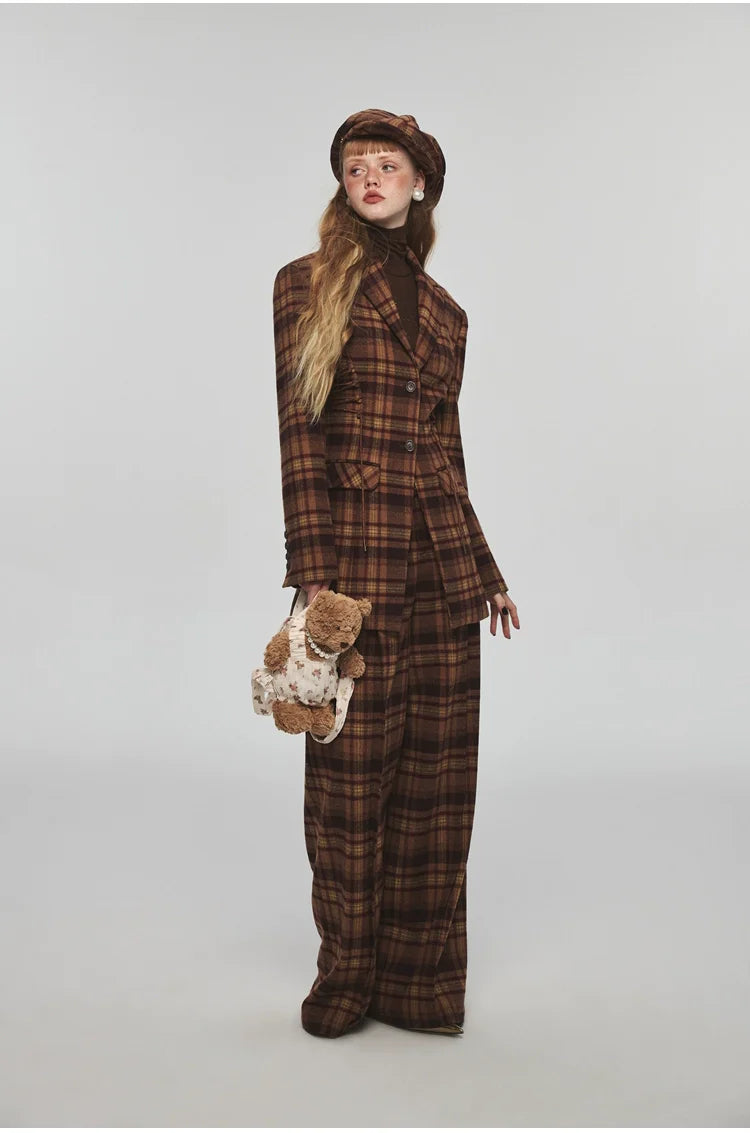 Plaid Slim-fit Waist-tie Blazer