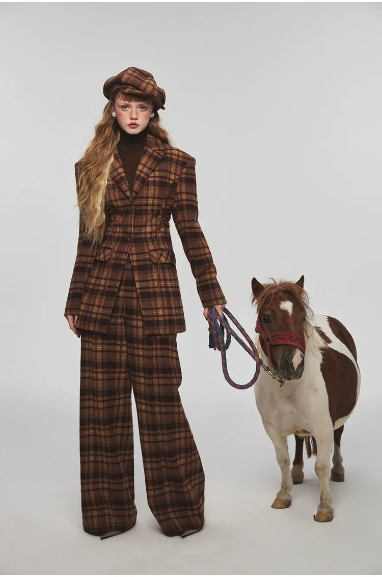 Plaid Slim-fit Waist-tie Blazer