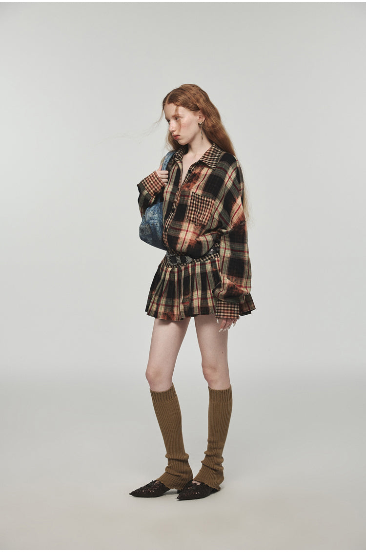 Tie-dye Plaid Shirt & Mini Skirt Set