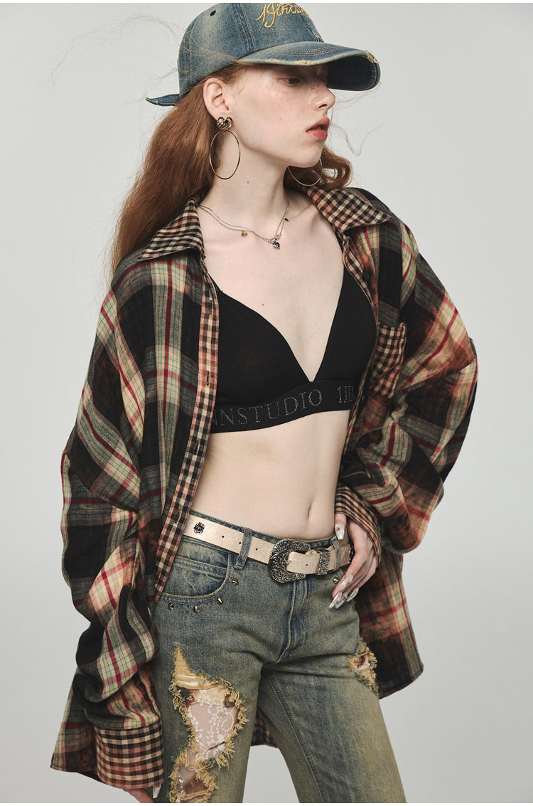 Tie-dye Plaid Shirt & Mini Skirt Set
