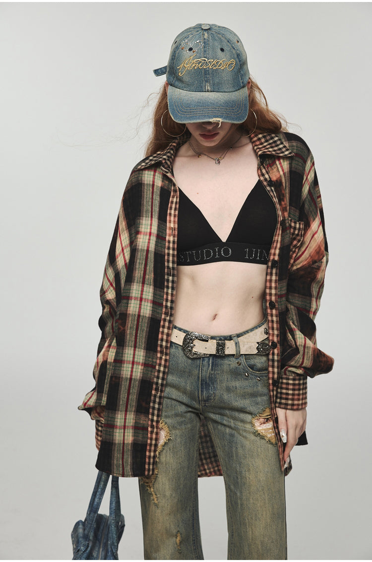 Tie-dye Plaid Shirt & Mini Skirt Set