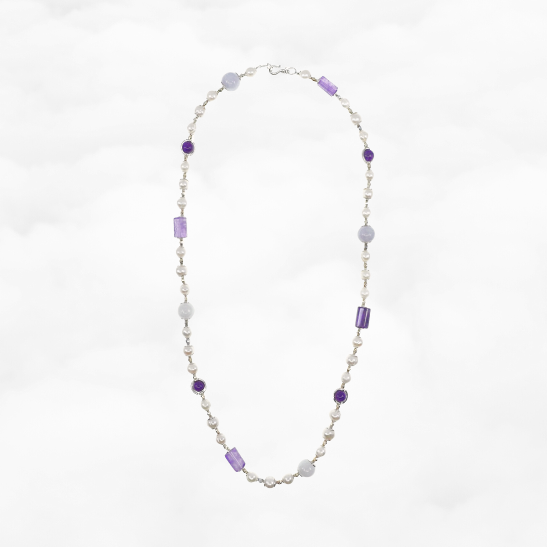 Pearl Necklace with Purple Gemstones