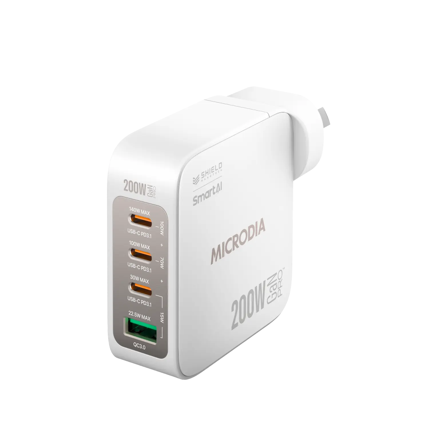 Сетевое зарядное устройство MICRODIA SMARTCube™ Nano 200 Вт с GaN Pro, 4 порта, USB-C PD3.1 + USB-A QC3.0