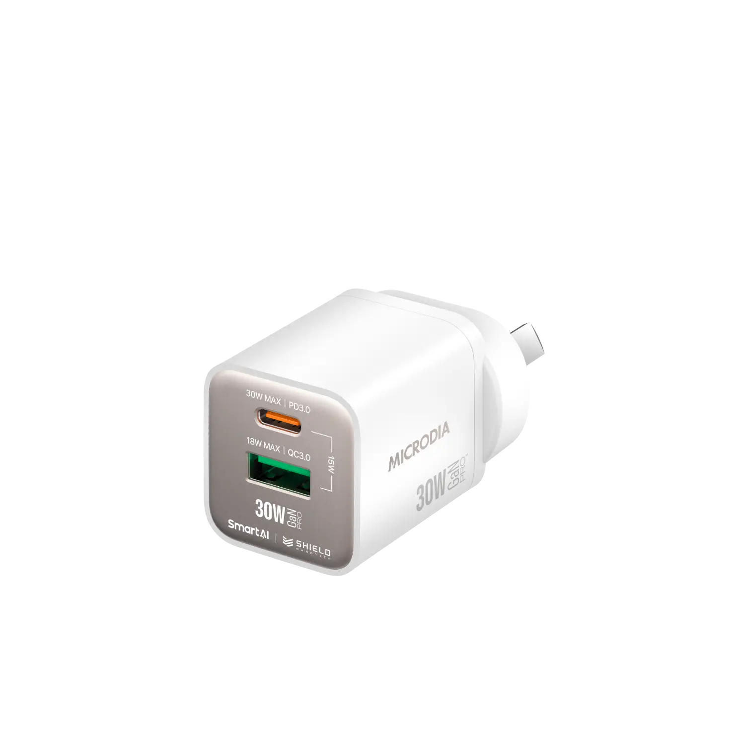 Сетевое зарядное устройство MICRODIA SMARTCube™ Nano 30 Вт GaN Pro, два порта, USB-C PD3.0 + USB-A QC3.0