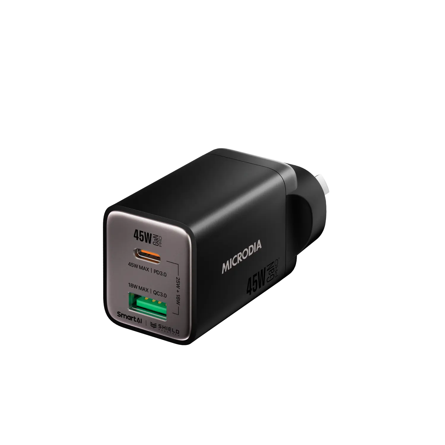 Сетевое зарядное устройство MICRODIA SMARTCube™ Nano 45 Вт GaN Pro, два порта, USB-C PD3.0 + USB-A QC3.0