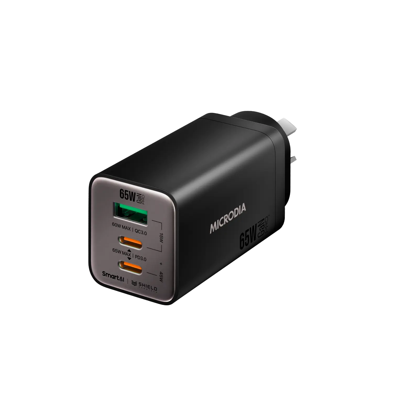 Сетевое зарядное устройство MICRODIA SMARTCube™ Nano 65 Вт GaN Pro, 3 порта, USB-C PD3.0 + USB-A QC3.0